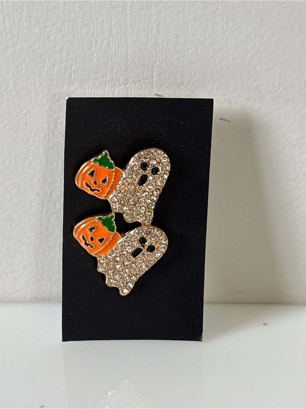 Halloween Ghost & Jack-O'-Lantern Rhinestone Stud Earrings Gold Tone Cute Spooky